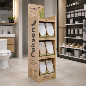 Présentoir en carton ondulé à niveaux personnalisable, imprimable, pour la promotion de produits sanitaires (sièges de toilettes, accessoires de salle de bain) en vente au détail - Product Image 3