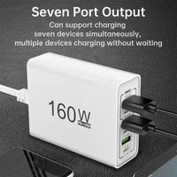 Support de charge super rapide 160W avec 7 ports (4 Type C + 3 USB) - Hub de charge USB-C 160W - Prise de charge pour téléphone portable - Câble d'extension