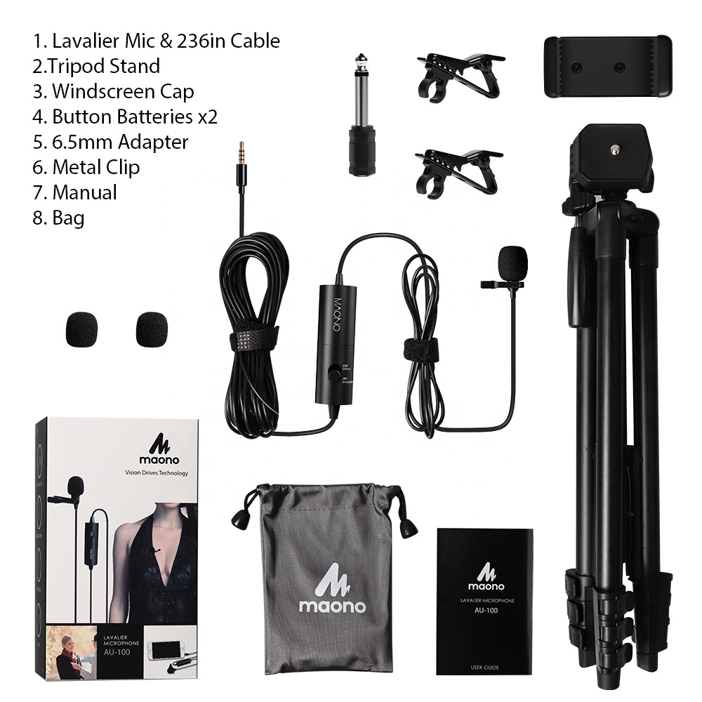 MAONO micro Cravate Clip-on Condenseur Micro cravate kit avec le Support De Trépied Pour Appareil Photo Ordinateur ou Téléphone