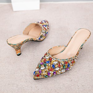 Elegantes Sandalias de Tacón con Punta Puntiaguda y Decoración de Pedrería, Tacón Medio, Sin Cordones, Zapatos de Mujer, Colores Mezclados - Product Image 5
