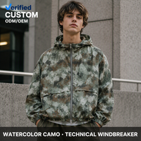Veste pour homme en nylon ripstop camouflage aquarelle personnalisé, avec capuche à cordon de serrage, fermeture éclair et poignets élastiques, couleur sauge, pour streetwear technique