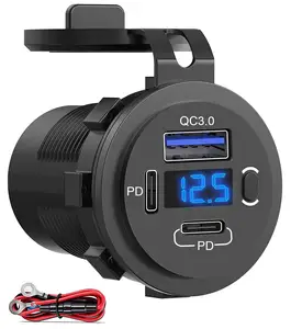 Pengisi daya USB QC 3.0 ganda PD, pengisi daya USB dengan soket saklar Voltmeter Digital tahan air 12V 24V mobil truk sepeda motor