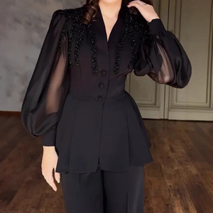 ชุดเซ็ต 2 ชิ้น เสื้อแขนยาวประดับเพชรและกางเกงขายาวสไตล์ตะวันออกกลางสำหรับผู้หญิง แฟชั่นเซ็กซี่ - Product Image 3