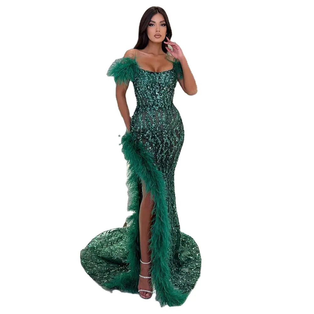 Sirena verde Sexy alta división vestidos de lujo con cuentas pluma Serene Hill LA72043 vestidos de noche elegantes para mujer fiesta de boda