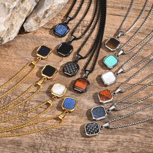 Hot Selling Herren Edelstahl Halskette Geometric Square Epoxy Anhänger mit langen Glieder kette Classic Style-NC-892 Großhandel - Product Image 1