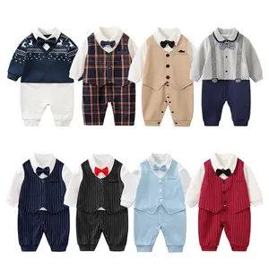 Wholesale newborn gentleman's clothing baby fashion 100% cotton baby trousers spring and autumn style boy's rompers