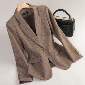 Women's Wool Blazer Brown Solid Color One Button Pocket Design Autumn Winter Coat - Product Image 1