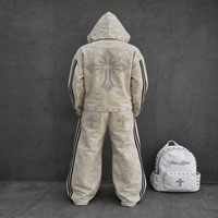 Ensemble deux pièces unisexe personnalisé, style vintage, effet délavé, 100 % coton, respirant, imprimé hiver, veste à capuche zippée avec rivets