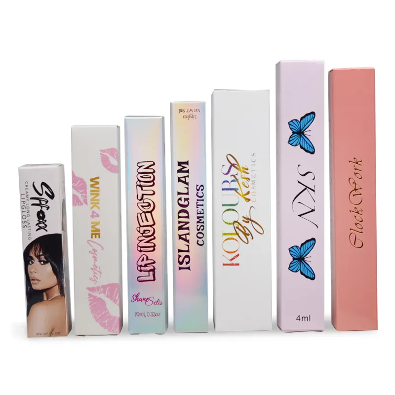 Cajas pequeñas de brillo de labios, cajas de embalaje personalizadas de brillo de labios con tu propio logotipo impreso para tubo de labios de belleza cosmética, 5Ml