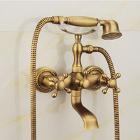 Robinet de bain antique européen en gros avec pomme de douche dorée simple, ensemble de salle de bain rétro mural, robinet à poignée unique en laiton, jet doux