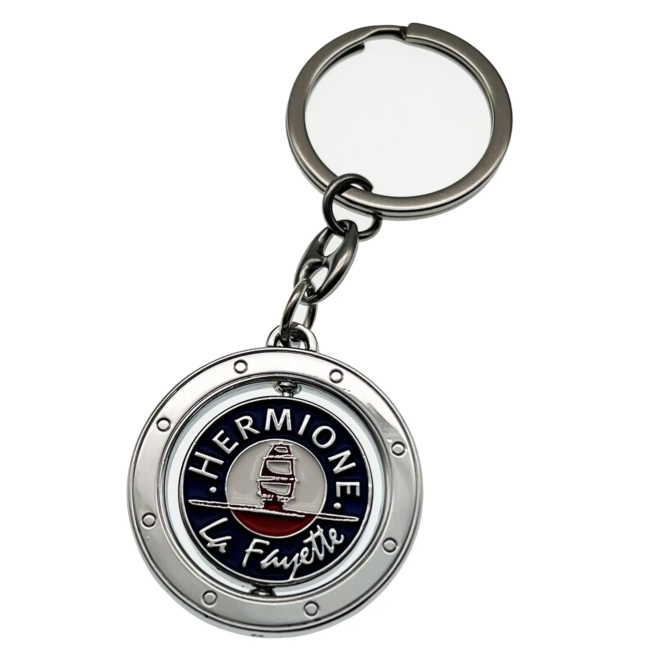 High Quality Zinc Alloy Die Casting Nickel Color Rotating Enamel Custom Metal Key chains