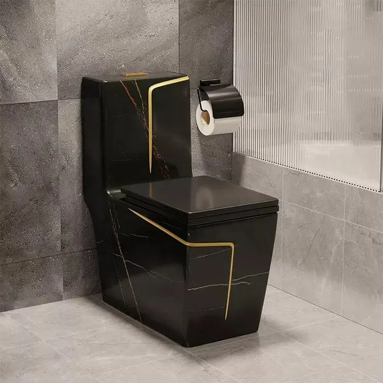 대리석 디자인 럭셔리 스퀘어 컬러 현대 욕실 물 옷장 화장실 변기 원피스 세라믹 화장실 골드 라인