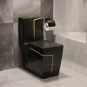 Marble Design Luxury Square Colored Modern Bathroom Water Closet Commode Toilet Bowl 1 Piece Ceramic Toilet With Gold Line