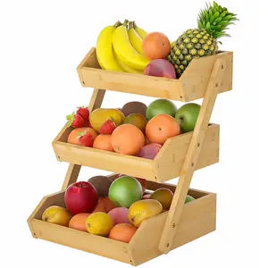 Cesta de frutas y verduras de 3 niveles personalizada de bambú, soporte organizador de almacenamiento, cesta de frutas grande