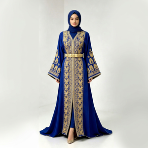Women Modest Floor-Length <b>Abaya</b> V-Neck Long Sleeve Embroidered Floral Green Middle East Style Loose Fit Breathable <b>Wedding</b> Eid - Product Image 1