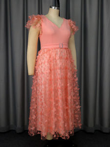 AM050509 Abito da Sera da <span class=keywords><strong>Donna</strong></span> Taglie Forti Rosa con Scollo a V, Maniche Corte, Applicazioni a <span class=keywords><strong>Farfalla</strong></span> e Cintura, Modello a Trapezio - Product Image 5