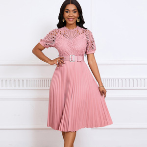 Elegant Women's Summer <strong>Midi</strong> <strong>Dresses</strong> 5XL Plus Size Short <strong>Sleeve</strong> Lace Patchwork Solid Pleated Natural Waistline <strong>Chiffon</strong> - Product Image 4