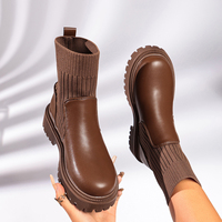 Bottines à chaussettes pour femme en cuir PU, à bout rond, à plateforme épaisse, avec revers tricoté, à enfiler, pour l'hiver, Noir Marron