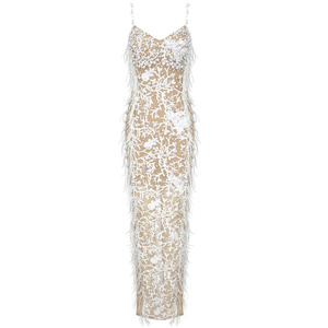A7586 <strong>Dress</strong> Woman Women'S Sexy <strong>Dresses</strong> <strong>White</strong> Pearls <strong>Fur</strong> <strong>Dress</strong> Luxury Lace Ventilate Curved Feather Design - Product Image 6