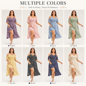 Robes Midi d'Été Grande Taille pour Femmes, Rose Poudré, à Motifs Floraux, Col Carré, Manches Bouffantes, Nœud à l'Avant, Ourlet à Volants, Vente en Gros - Product Image 2
