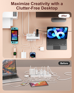 Power Strip With 4 AC Outlets 3 <b>USB</b> A 3 <b>USB</b> C Ports LED Display 1.5M Cable Pink ABS Material - Product Image 6