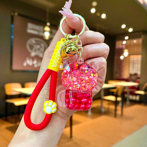 Porte-clés créatif ours en PVC rempli d'huile tasse à thé laiteuse perles lumineuses bouteille de sable mouvant mignon sac à main pendentif Anime accrocher - Product Image 3