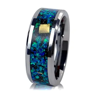 Hochwertiger 8mm-Silber-Wolfstensring für Herren Damen Galaxy Opal-Einsatz Mode-Schmuck Verlobung Ehering