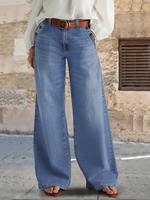 Jeans de Mujer de Talle Alto y Pierna Ancha en Mezclilla Azul Claro Vintage, Ecológicos, Lavados, con Bolsillos Decorativos con Botones, Tendencia 2026