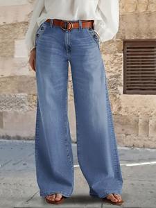 Jean tendance 2026 pour femme, bleu clair vintage, taille haute, coupe large, en <span class=keywords><strong>denim</strong></span> écologique délavé, avec poches décoratives à boutons - Product Image 1