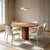 Table à manger en travertin rouge avec trois supports de colonne ronds symétriques, table de salle à manger circulaire en marbre naturel massif, maison de rêve