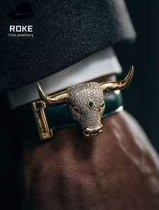 <span class=keywords><strong>Bracelet</strong></span> de luxe personnalisé Tête de Taureau en Or 9K-18K, entièrement pavé de diamants, yeux d'émeraude, en <span class=keywords><strong>cuir</strong></span> de crocodile, pour Hommes et Femmes, Cadeau de fête - Product Image 5
