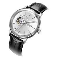 Montre mécanique automatique pour homme, cadran argenté, fenêtre à cœur ouvert, affichage 24 heures, bracelet en cuir noir