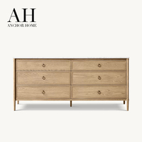 Commode moderne en bois massif avec plateau en marbre, six tiroirs, poignées en laiton, pieds coniques, buffet large pour chambre et salon
