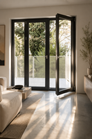 Porte asymétrique double battante en alliage d'aluminium gris moderne sur mesure avec cadre fin et verre, pour entrée de pièce intérieure ou bureau