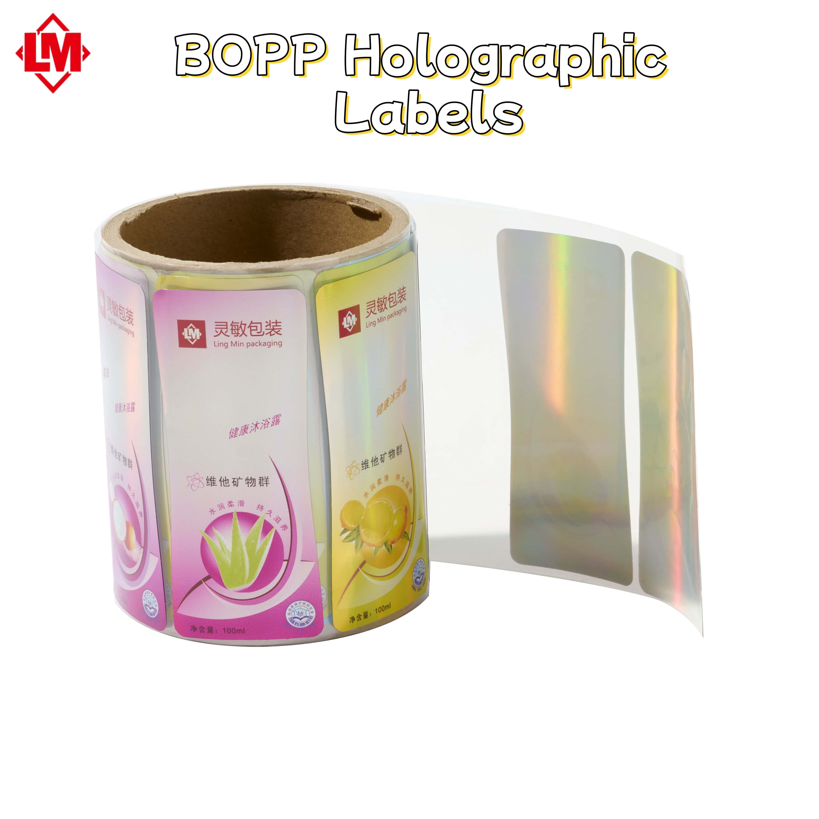 BOPP Holographic Cosmetic Labels Roll Pack Waterproof for Skincare Product Bottles