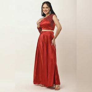Elegant <b>Red</b> Satin One Shoulder Embroidered <b>Crop</b> <b>top</b> and Sharara Set Evening Dress Solid color Handmade Beads work - Product Image 1