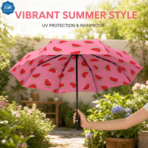 Parapluie pliant automatique compact de voyage, certifié BSCI, imprimé pastèque rose, pour le soleil et la pluie, avec pochette de rangement - Product Image 4
