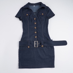 Vestido ajustado de manga corta con cuello en V, cinturón metálico, estilo vaquero, moda urbana, temperamento sexy, ropa de mujer - Product Image 6