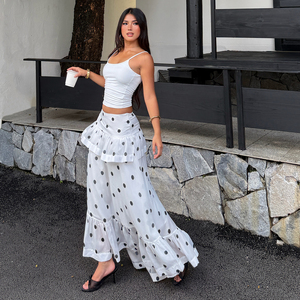 Jupe longue décontractée pour femme, style A, avec empiècements en maille contrastante et pois - Product Image 3