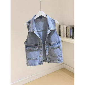 Hiromi 2025 Spring Autumn Women's Cotton <b>Denim</b> <b>Vest</b> Large Pocket Loose Single Row Multi-Button Solid Color Short Waistcoat - Product Image 3