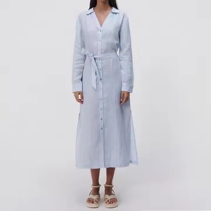 Nouvelle arrivée, robe d'automne de haute qualité, style décontracté et professionnel, robe à rayures à col en V, 100% coton, robe polo pour femmes - Product Image 1