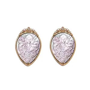 New Trendy MEDUSA Mother Of Pearl Sterling Silver MOP Natural Carved Shell Cameo Jewelry Earrings