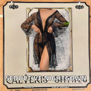 Sexy Spitzen-Netzstoff Spandex/Nylon Fischgrätmuster Atmungsaktives Maschinenwaschbares Nachthemd Verführerische Lingerie Strickjacke Pyjama für Damen - Product Image 2