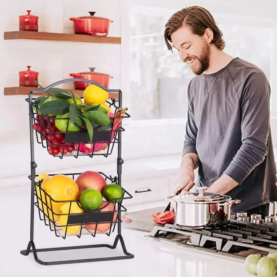 Iron Fruit Basket Multi function 2 Tier Metal Wire Iron Fruit Bread Storage Holder Rack