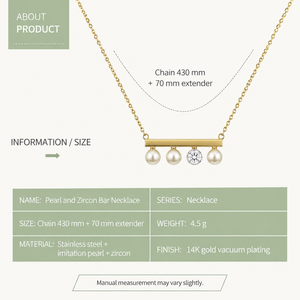 Collier barre en perles et zircons en acier inoxydable plaqué or 14 carats sous vide, variantes or et argent - Product Image 2