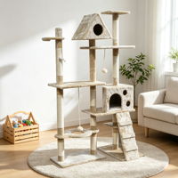 Arbre à chat d'intérieur multi-niveaux avec griffoir en sisal, maisonnette pour chat, échelle et jouet interactif suspendu