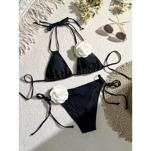 FOXA Ensemble bikini 2 pièces uni à fleurs 3D pour femme, maillot de bain triangle à nouer sur le côté, coupe haute, tenue de plage - Product Image 6
