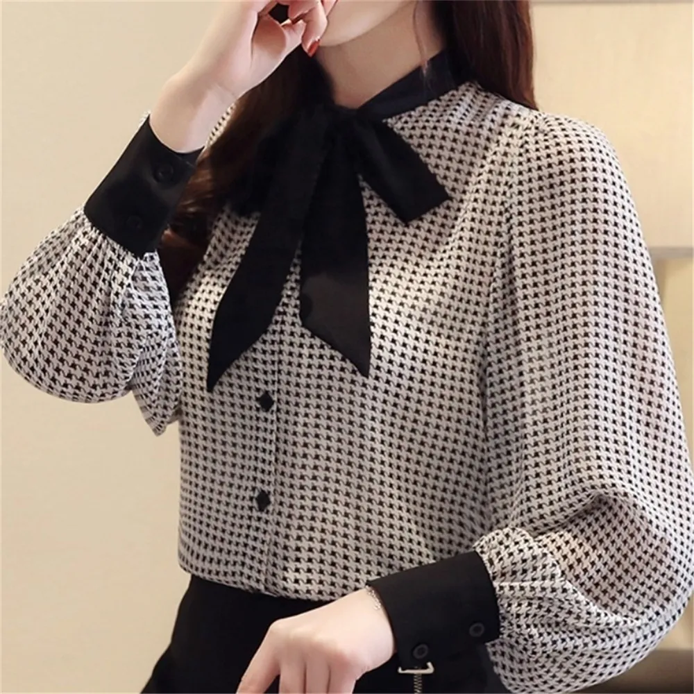 Big Lantern Sleeve Blouse Women Autumn Spring Single Breasted Bow Collar Shirts Office Work Blouses Plaid Vintage Shirts 9357#