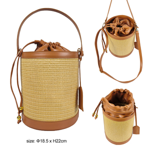 Vente en gros de sac à bandoulière pour femmes tissé à la main lin raphia sac seau en cuir avec fermeture à cordon sac fourre-tout à bandoulière de style été - Product Image 2