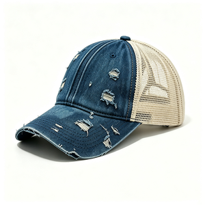 Casquette Trucker en Jean Délavé Effet Vieilli avec Trous Déchirés, Dos en Maille Respirante, Style Décontracté pour Extérieur, Logo Personnalisé, Unisexe - Product Image 4